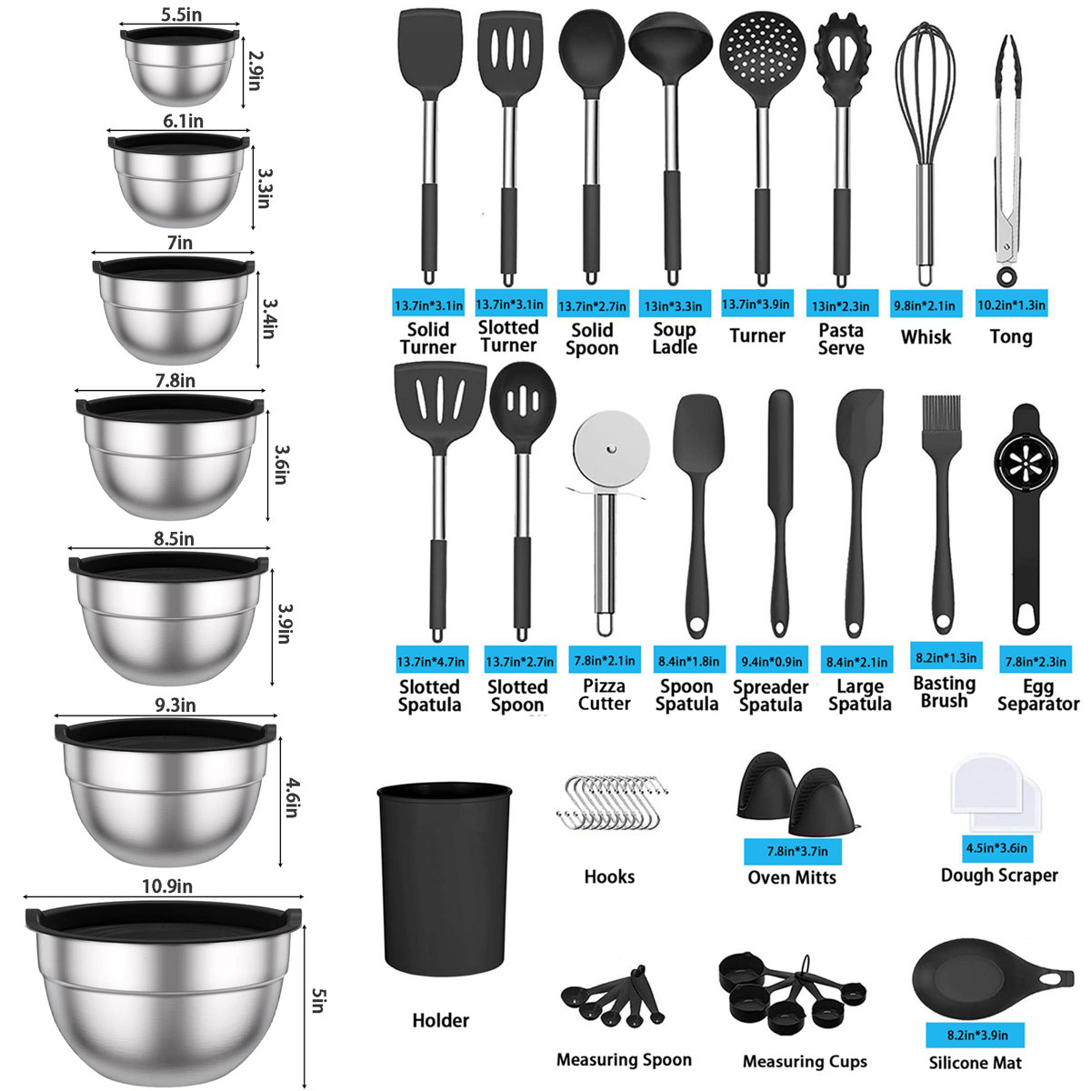 52-Piece Stainless Steel Cooking Utensil Set with 7-Piece Mixing Bowls with Lids Set & Salt and Pepper Grinder Set